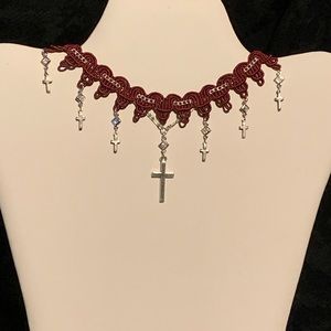 O.O.A.K. Red Ribbon Silver Rhinestone Cross Choker